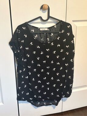 mandee Black Short Sleeve Top with White Poodle Print